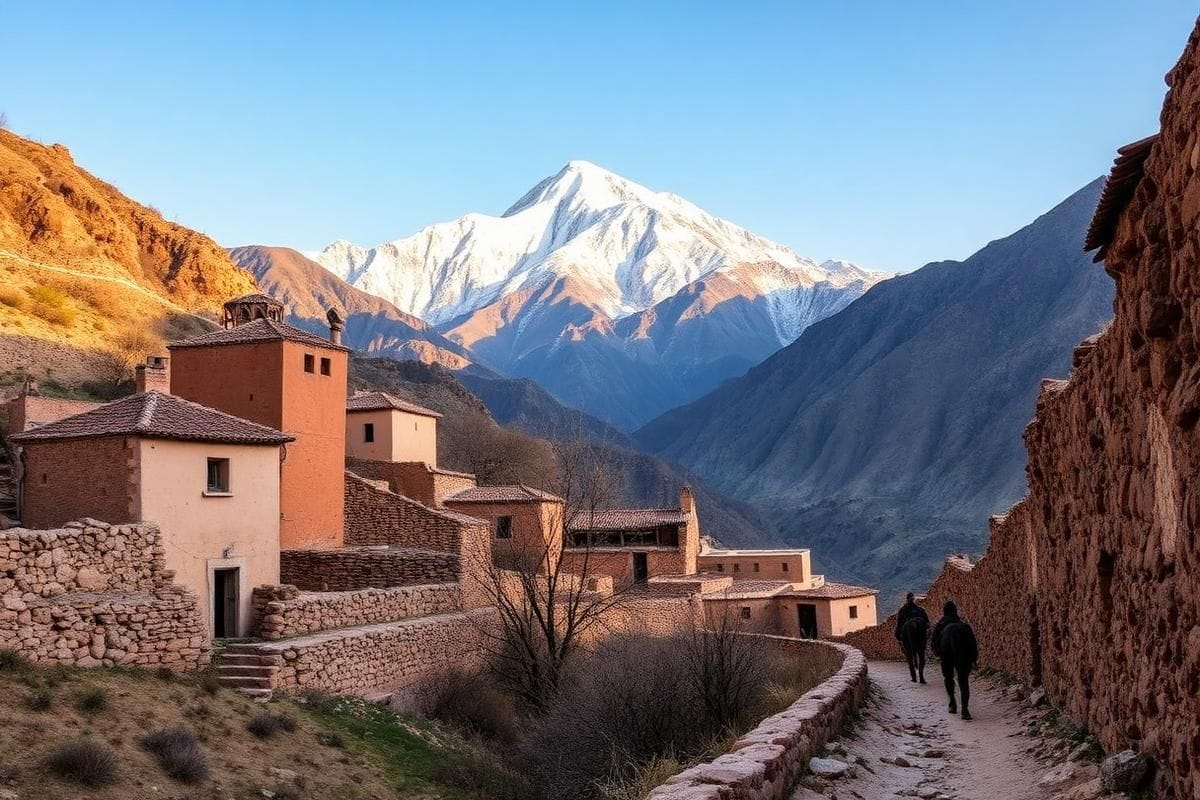 Village berbère d'Imlil au pied du mont Toubkal enneigé