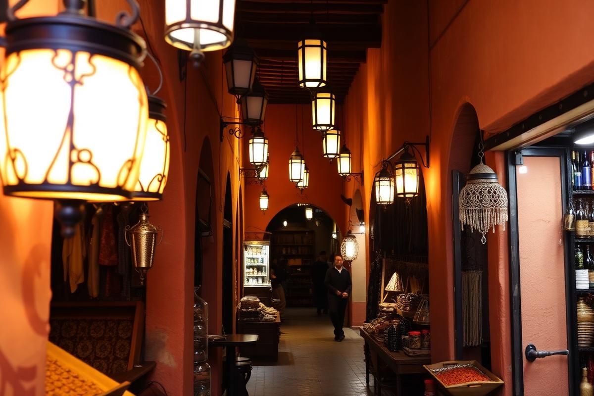 Ruelle de la médina de Marrakech éclairée par des lanternes artisanales