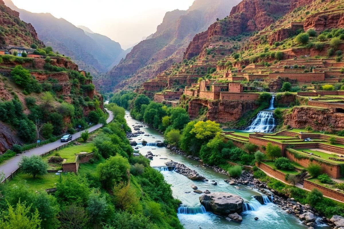 Rivière et jardins en terrasses de la vallée de l'Ourika dans l'Atlas marocain