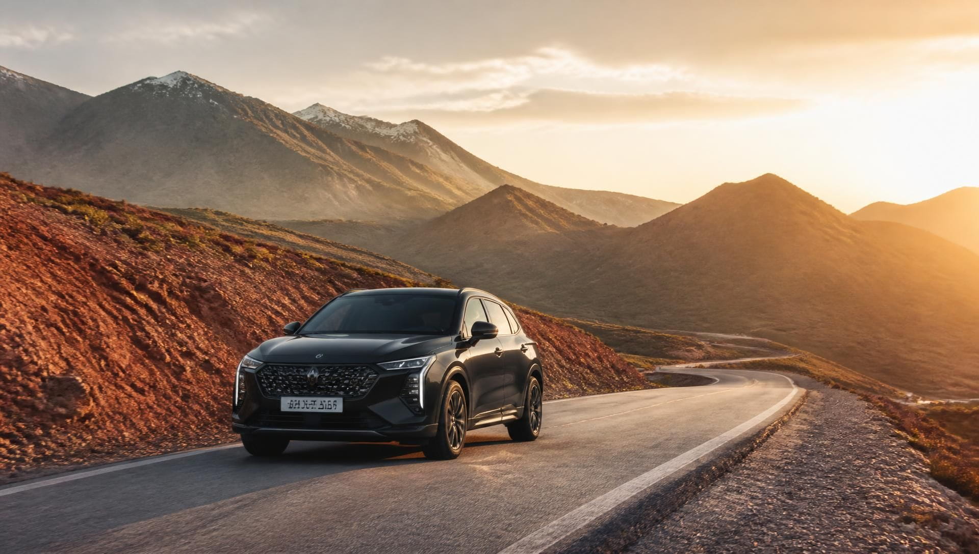 SUV premium MarocDrive sur une route panoramique des montagnes de l'Atlas au coucher du soleil