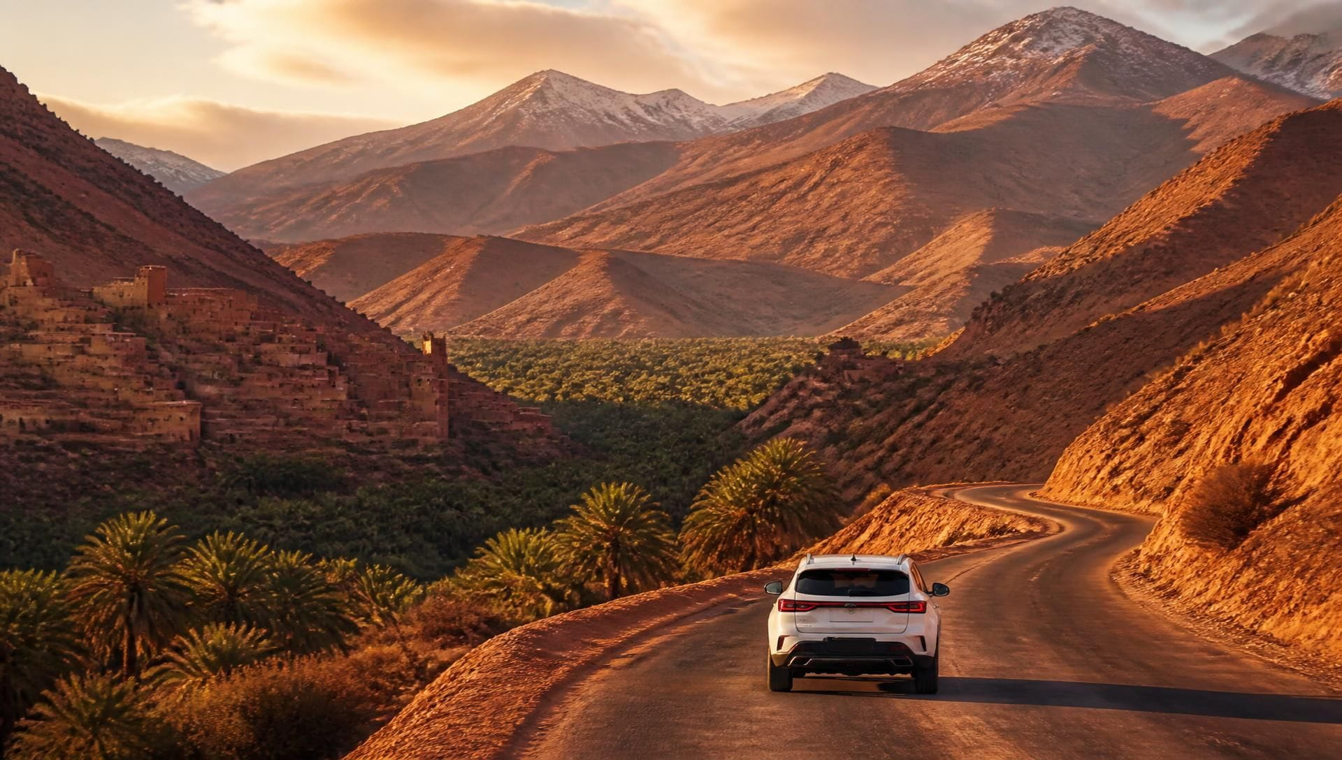 Route de montagne marocaine parcourue par une voiture au coucher du soleil