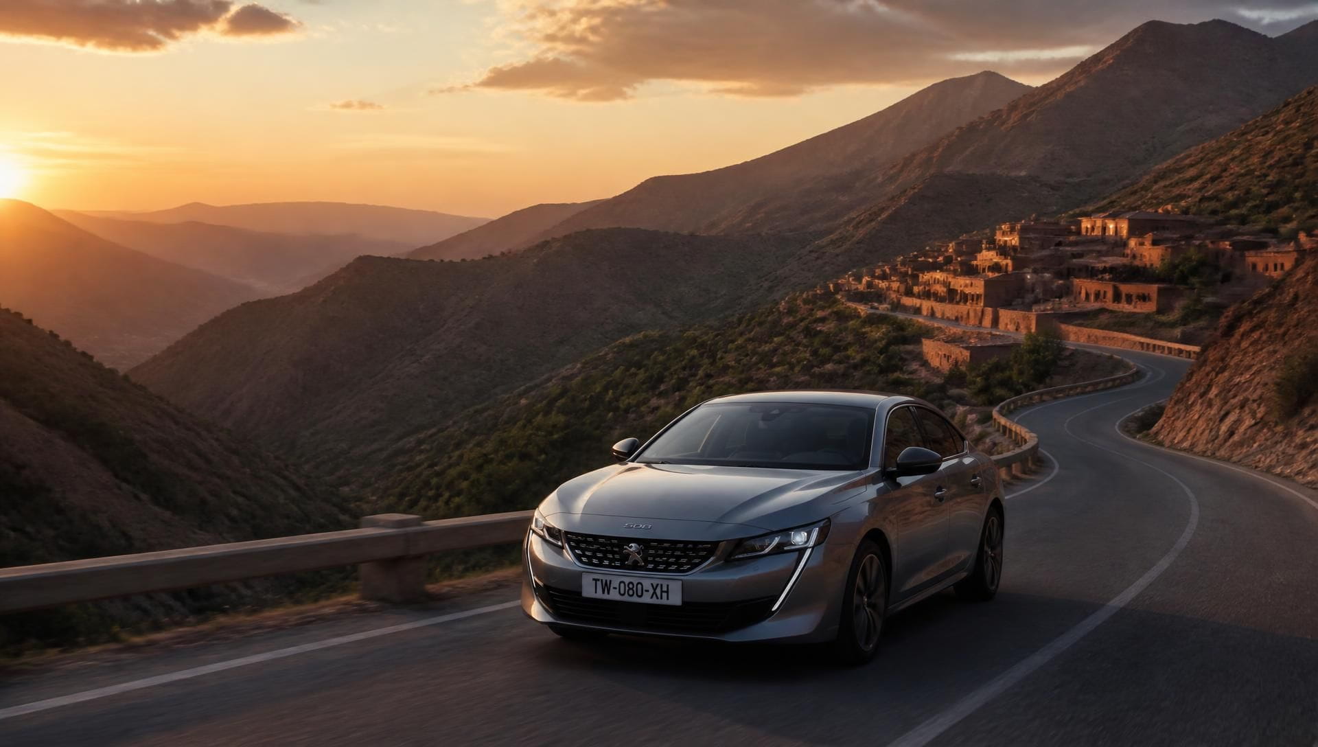 Voiture moderne roulant sur une route de montagne au Maroc au coucher du soleil