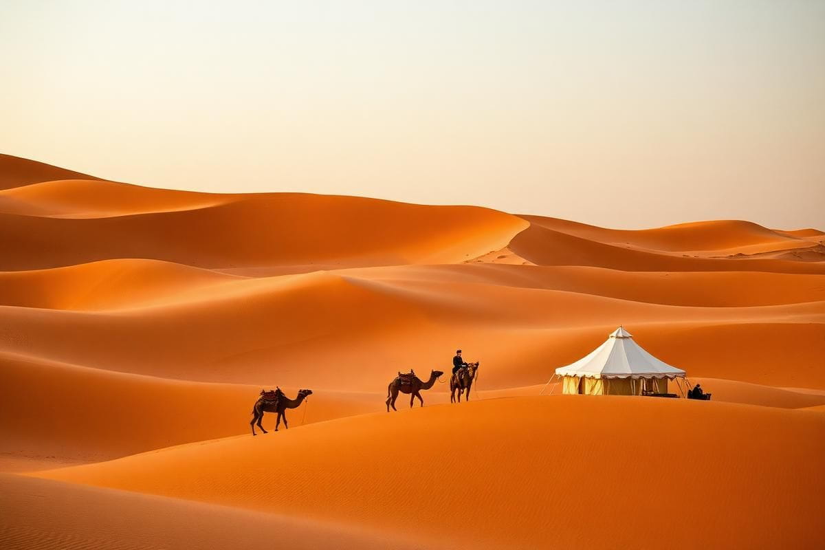 Dunes orangées de l'Erg Chebbi à Merzouga avec caravane de dromadaires
