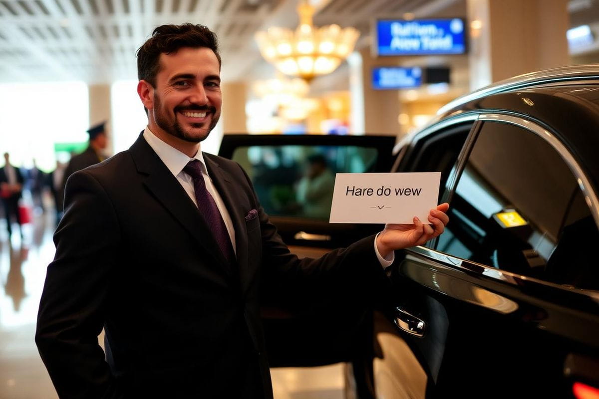 Chauffeur MarocDrive accueillant des voyageurs à l'arrivée avec une pancarte