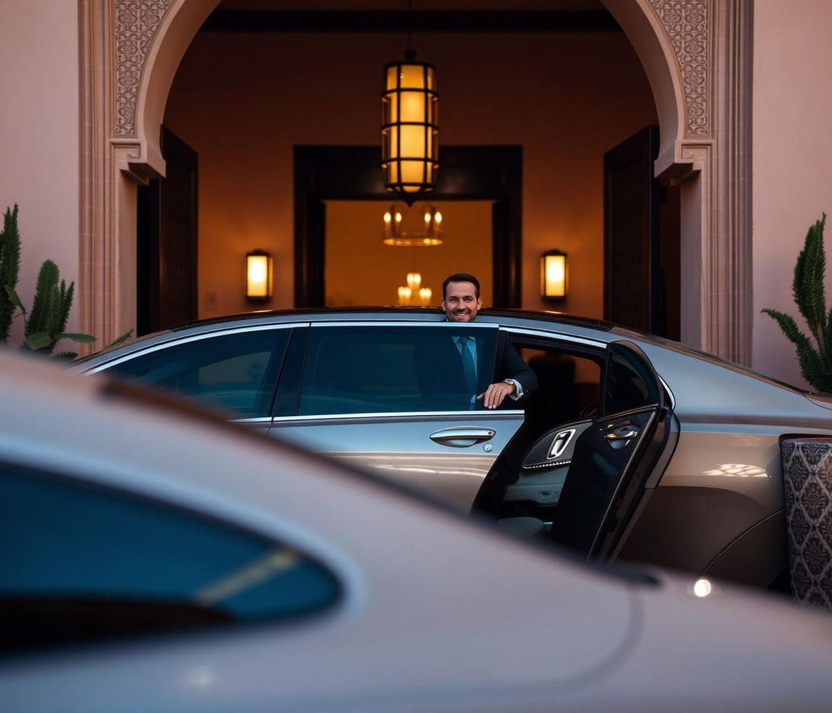 Chauffeur privé MarocDrive ouvrant la portière d'une berline devant un riad marocain